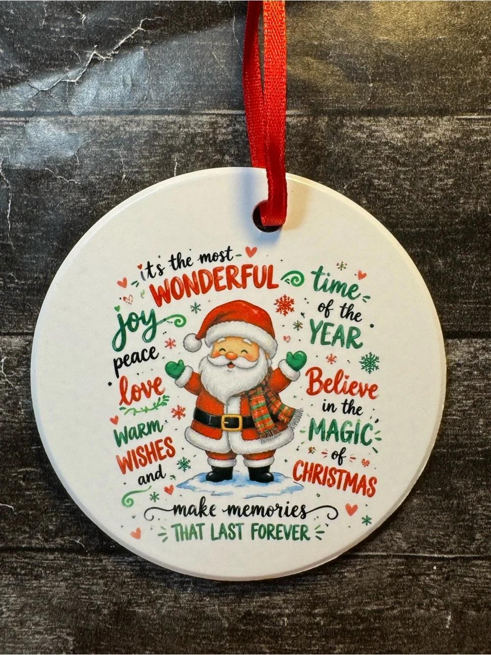 Santa The Most Wonderful Time Of Christmas Round Ceramic Holiday Ornament
